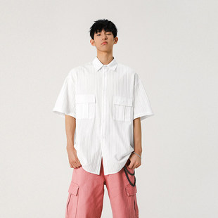 Hong Kong Style Fashion Shirt Men's 2025 Summer New Thin Striped Shirt Short Sleeve Men's Solid Color Shirt Student Shirt