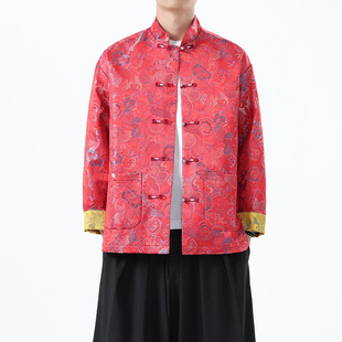 Autumn and Winter New Chinese Style Chinese Style National Color Tianxiang Silver Silk Jacquard Handmade Coil Metal Button Head Collar Jacket for Men