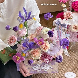 Mother's Day New Flower Gift Box DIY Square Floriculture Chinese Style National Style Hand-held Flower Box Flower Bundle Flower Box Empty Box