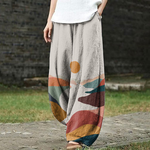 Foreign Trade Cross-border 2024 New European and American Cross-border Women's Pants Abstract Printing Fashion Graffiti Loose Pocket Casual