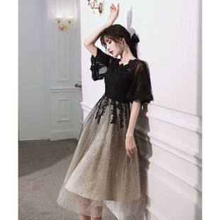 宴会小晚礼服女2025新款气质星空黑色显瘦平时可穿年会主持人礼服