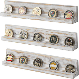 Wall Mounted White Washed Solid Wood Challenge Coin Rack Chip Collector Display Stand Single Row Coin Collection Rack