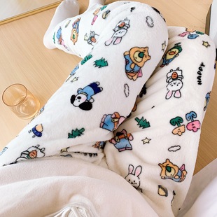 Cartoon Cat Flannel Pajama Pants Women's Autumn and Winter New Coral Fleece Thickened fleece-lined Warm Casual Home Pants