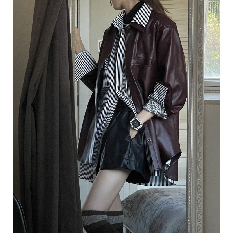 Spring 2024 Grape Purple Pu Leather Jacket for Women, Retro Jacket, Stylish Loose-Fitting Versatile Shirt, Fashion Set