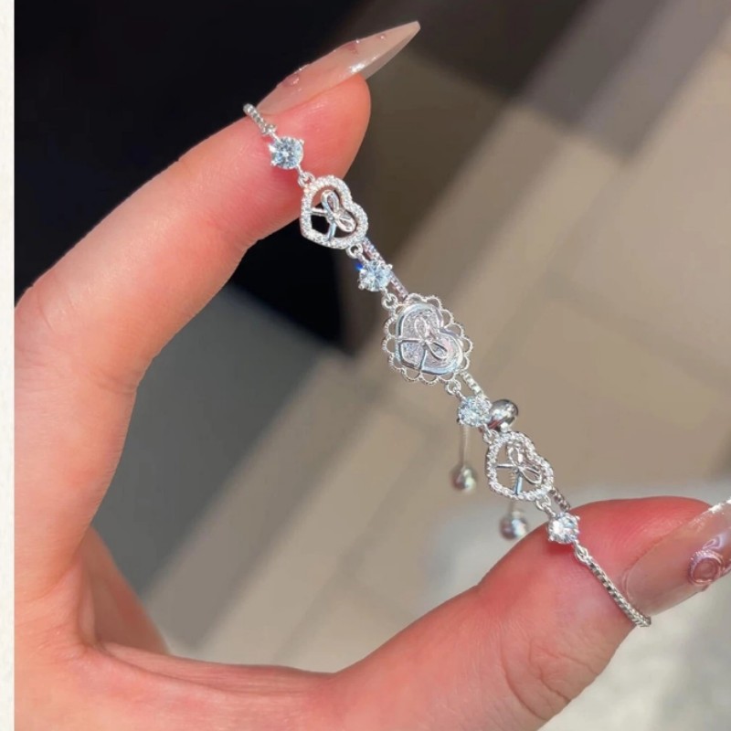 [Heart-Shaped Ballet] New Sweet Design Versatile Bowknot Heart-Shaped Sparkling Diamond Pull-Through Bracelet Fashionable Women's Bracelet
