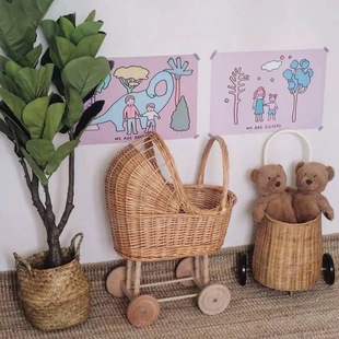 Baby Toddler Rattan Wicker Cart Children's Play Toy One Year's Birthday Gift Photography Cart Props