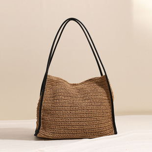French Large Capacity Straw Bag New Niche Solid Color Straw Bag Woven Bag Women's Holiday Beach Bag Fashion Shoulder Bag