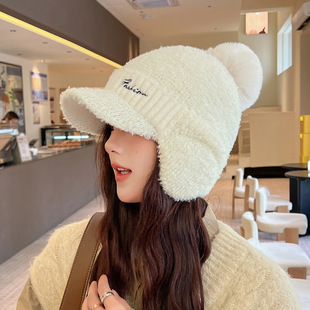 Hat Women's cute winter fleece-lined ear protection cold-proof pullover plush warm peaked cap all-match knitted bag ear cap