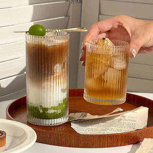 Wind Stripe Coffee Cup Glass High Color Value Simple Household Water Cup Sense Ice American Drink Cup Wholesale
