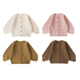 Qiu Duomeng Children's All-match Solid Color Sweater Cardigan 2023 Spring and Autumn New Girl's Retro Elegant Knitwear Jacket