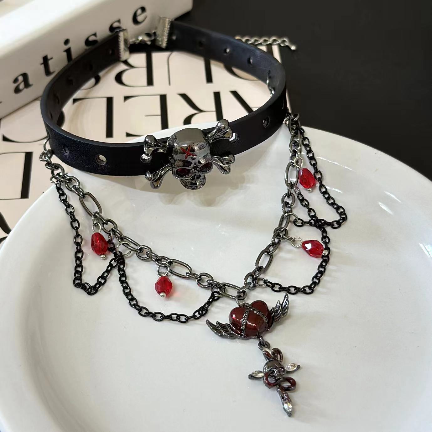 Diablo Gothic Subculture Drop Oil Love Cross Retro Punk Genuine Leather Necklace Women Choker Distinctive Necklace