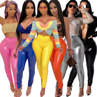 Aliexpress Amazon Autumn and Winter. Solid Color Tight Waist. Stretch Fleece-Lined Thickeneded Pu Leather Pants for Women to Wear Outside