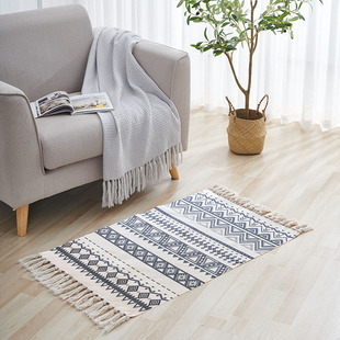 Nordic Style Floor Mat Cotton Woven Household Bedroom Bedside Floor Mat Carpet Retro Homestay Floor Mat Kitchen Foot Mat