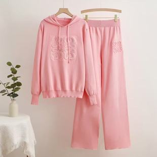 Cross-border hooded letter beaded sports knitted two-piece suit European station autumn and winter European and American new commuter women's clothing