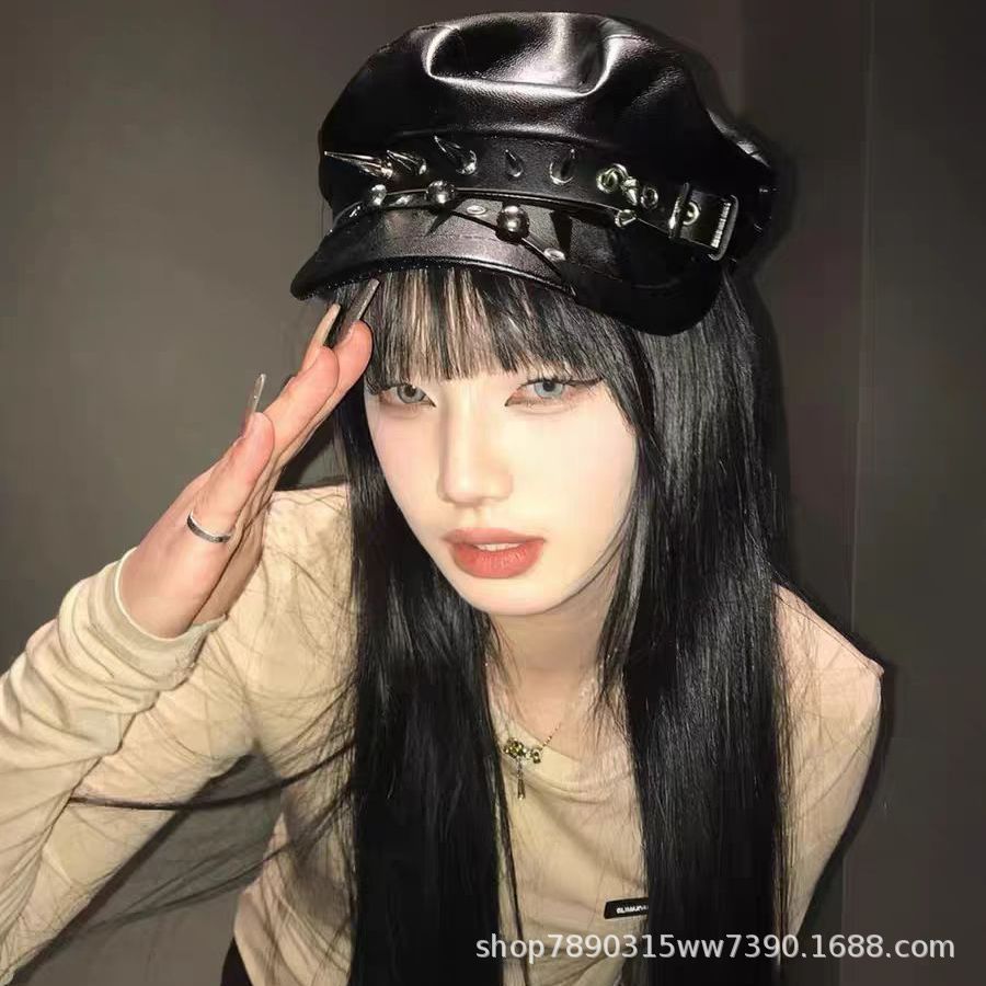 Spicy Girl Punk Rivet Subculture Black Leather Dark Retro Face-Showing Duck Tongue Navy Painter Hat