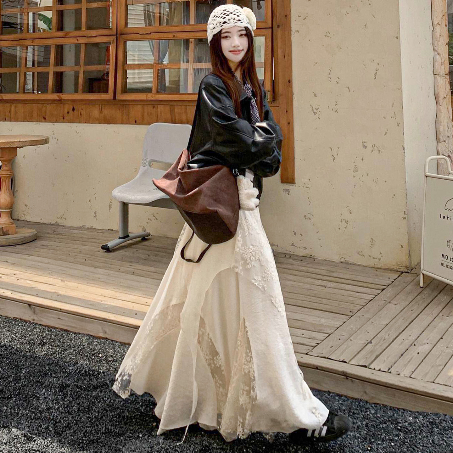 White patchwork mesh midi skirt for women, new spring style for 2026, high-waisted, loose A-line silhouette, slimming long skirt.