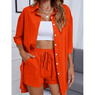 European and American 2023 New Spring Street Urban Casual Women's Clothing Collage Seven-point Sleeve Fashion Two-piece Cotton and Linen suit