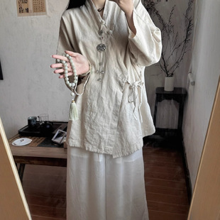 [3338 People Praise] Spring and Summer Chinese Style Cotton and Linen Hanfu V-Neck Lace Top Women's Artistic Slant Placket Buckle