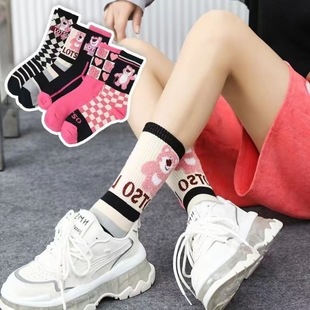 Strawberry Bear Socks Women's Spring and Autumn New Arrival All-Match Internet Popular Long-Barrel Pink Bear College Fashion Japanese Style Cute