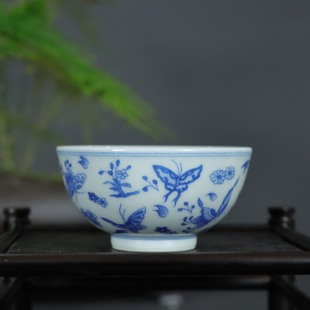 Handmade Hand-painted Tea Set Master Cup Blue and White Porcelain Jingdezhen Baidie Press Hand Cup Kung Fu Tea Single Cup Antique Porcelain
