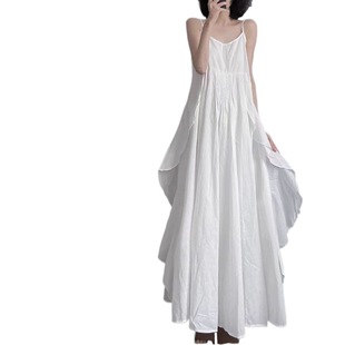 Women's Cotton and Linen Slip Skirt for in stock 2024 Summer Solid Color Literary Style Irregular Hem Pleated Sleeveless Large Swing Skirt