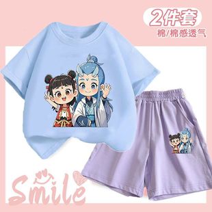 Girls' suit Ao Bing Nezha Summer New Short-sleeved Five-point Pants Children's Two-piece Fashionable Set for Big Boys