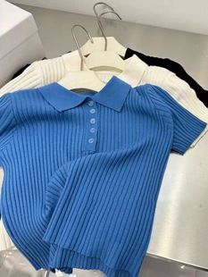 Vintage Hong Kong Style chic Design polo Short-sleeved Knit Sweater Women's 2023 New Slim-fit Pit Blue Top for Summer