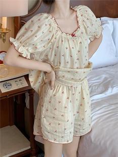 Korean-style Sweet Contrast Lace Square Collar Cherry Cotton Linen Pajamas Women's Summer Short-sleeved Shorts Home Wear Thin Two-piece Suit