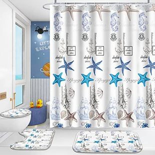 4-piece children's cartoon planet rocket bathroom shower curtain suit with carpet waterproof absorbent bath mat toilet lid mat
