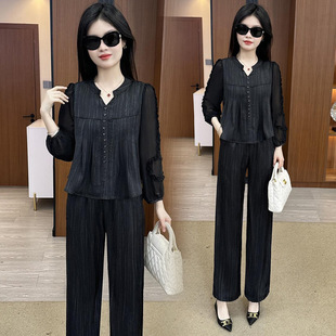 Casual Lace Sleeve Fashion suit Women's 2025 Spring and Autumn New Women's Elegant Slimming All-match Age-reducing Two-piece Pants