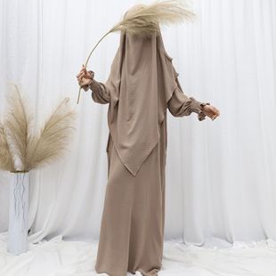 Cross-border Amazon Dubai Turkey Ice Silk Wrinkle Two-piece Solid Color Pocket Robe Two-layer Turban