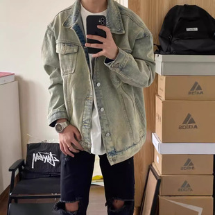 2024 New American Yellow Mud Denim Jacket Men's Autumn High Street Design Sense Top High Sense Work Jacket