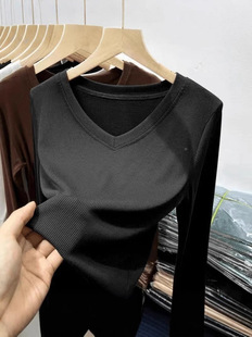 Women's V-neck T-shirt Women's Long-sleeved Loose Ins Style Solid Color All-match Comfortable Inner Top for Autumn and Winter