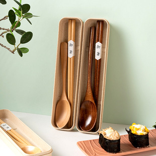 Japanese-style student travel portable boxed nanmu long handle chopsticks tableware wooden spoon portable suit wholesale
