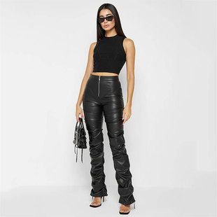Amazon Foreign Trade Women's Clothing European and American Fashion Tight-Fit Pu Leather Pants Personalized Shrink-Fold Micro-pants Women's Four Seasons New