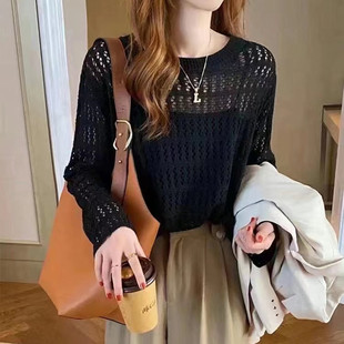 Hollow-out Knitwear Women's Spring and Summer New 2024 Loose Slimming Outer Wear Sweater Thin Base Shirt Long-sleeved Top Trendy