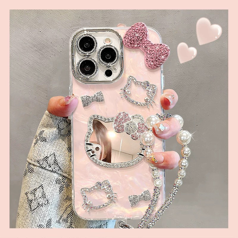 Finely textured shell pattern, full rhinestone bow, KT mirror, suitable for Apple iPhone 17 Pro Max, iPhone 16/11.