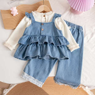 Girls spring and autumn Korean fan foreign style 2024 new Denim small fly sleeve skirt jeans base shirt three-piece set