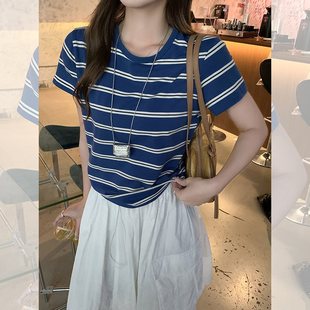 Real Shot American Casual Letter Embroidered Blue and White Striped Round Neck Laid-back Loose Slim T-shirt Top Women's 78780