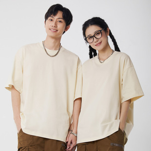 230 г тяжелых хлопчатобумажных oversized прилив плеча пятицентный рукав сплошная футболка с круглым вырезом для мужчин и женщин летом с короткими рукавами