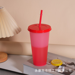 Factory direct supply five-piece set 710ml multi-style large-capacity five-color cold discoloration plastic cup cold drink pipette cup