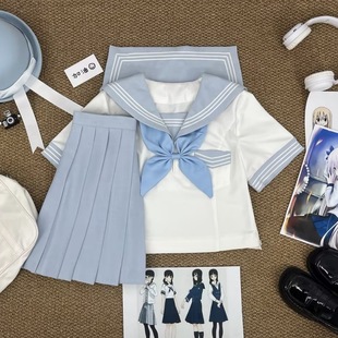 Original JK Uniform Genuine Japanese College Style Improved Water Blue and White Three Ssailor Suit Middle Suit Sweet Girl Performance Suit