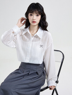 Thin Sunscreen Shirt Women's 2025 Summer New Korean-style Blue Bow Design Loose Cotton and Linen Long-sleeved Shirt