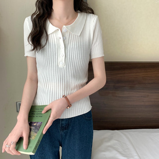 Cross-border hot selling retro POLO collar sweater hot girl short slimming versatile design short sleeve top women's fashion