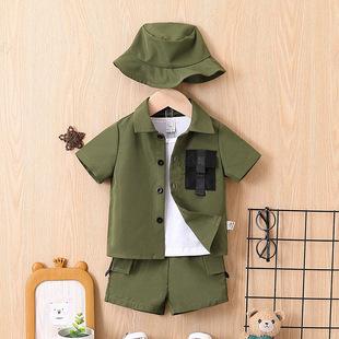 25 New Boys' Boys' Baby Army Green Short-sleeved Three-piece Set Baby suit Cross-border Summer Class A Short-sleeved suit