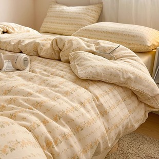 Small fresh cotton double-layer yarn bed four-piece set 100 cotton gauze bedding quilt cover sheet three-piece set bed hat 4