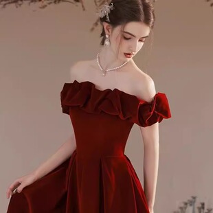 wine red off-shoulder New Style Toasting Clothing Light Luxury High-end Feeling Engagement Dress Long Elegant Retro Slimming Dress