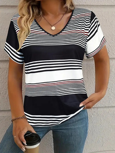 European and American foreign trade Amazon 2025 new fashion casual versatile box pattern short sleeve V-neck T-shirt slim