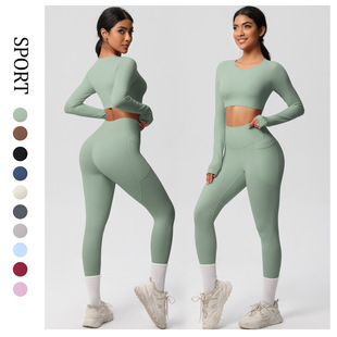 Cross-border Naked Tight-fitting High-waist Pocket Pants Navel-exposed Long-sleeved Top Yoga Clothes Quick-drying Running Sports Fitness suit