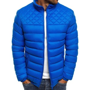 European style Foreign trade autumn and winter New European and American men's stand collar simple trendy cotton-padded coat shoulder chest rhombus Plaid sewing cotton-padded coat